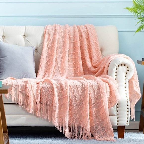 Urban Outfitters Other - Light Pink Modern Farmhouse Boho Tassel Knit Throw Cozy Fringe Patterned Blanket